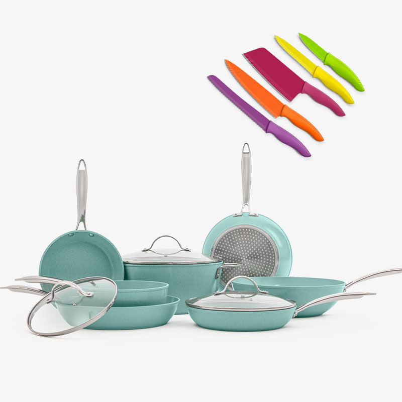 Batería de lujo Jade Chef + Set de cuchillos